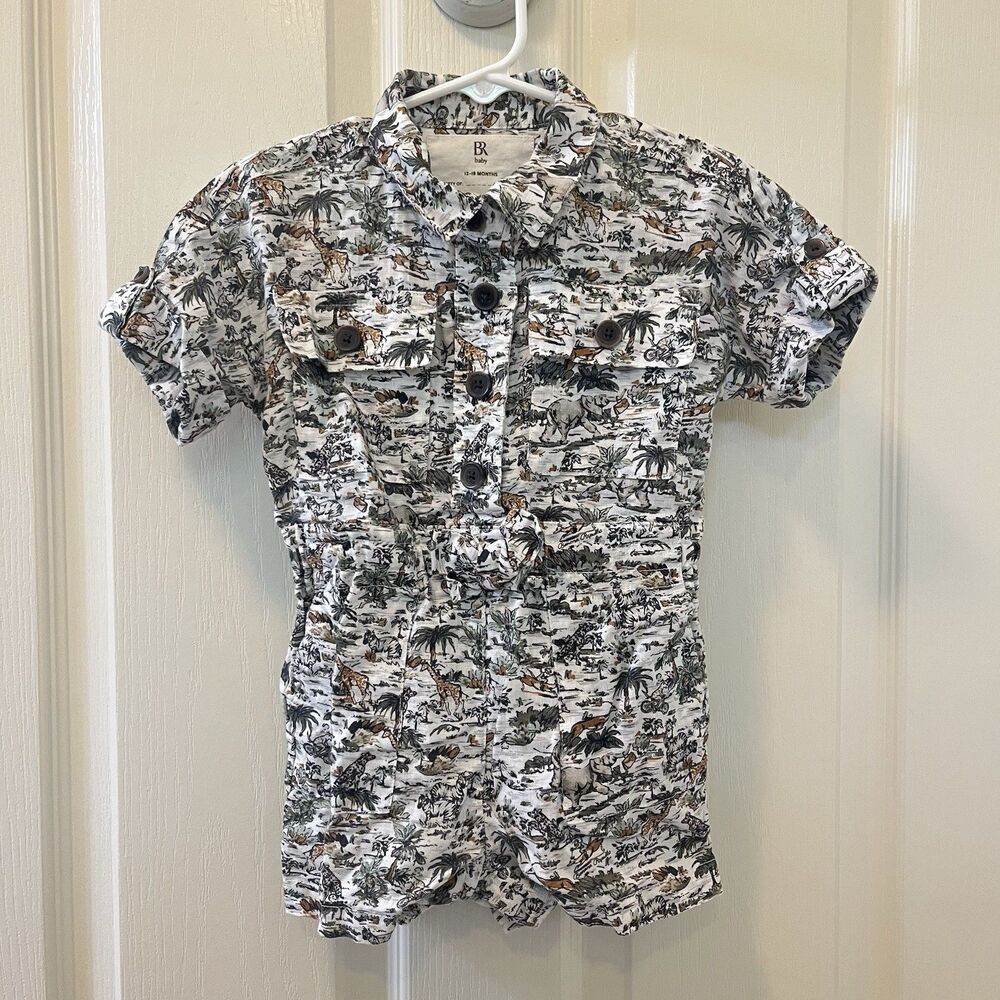 Banana Republic Baby 100% Linen Safari Animals Zoo Print Romper SZ 12-18 Months